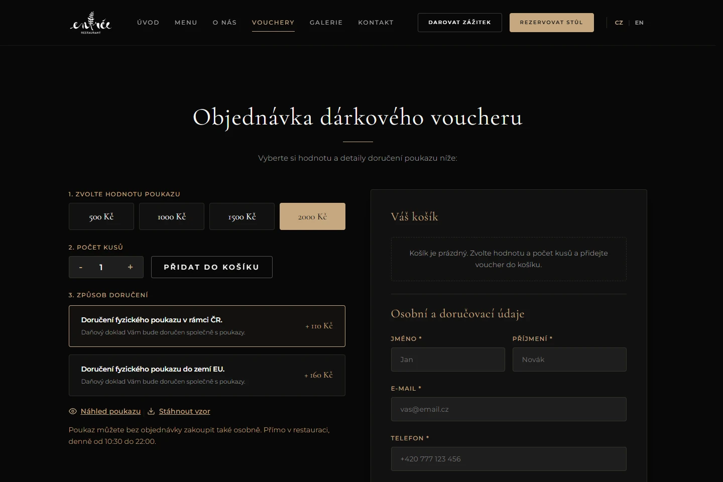 Vlastný voucher shop výber poukazu a objednávka